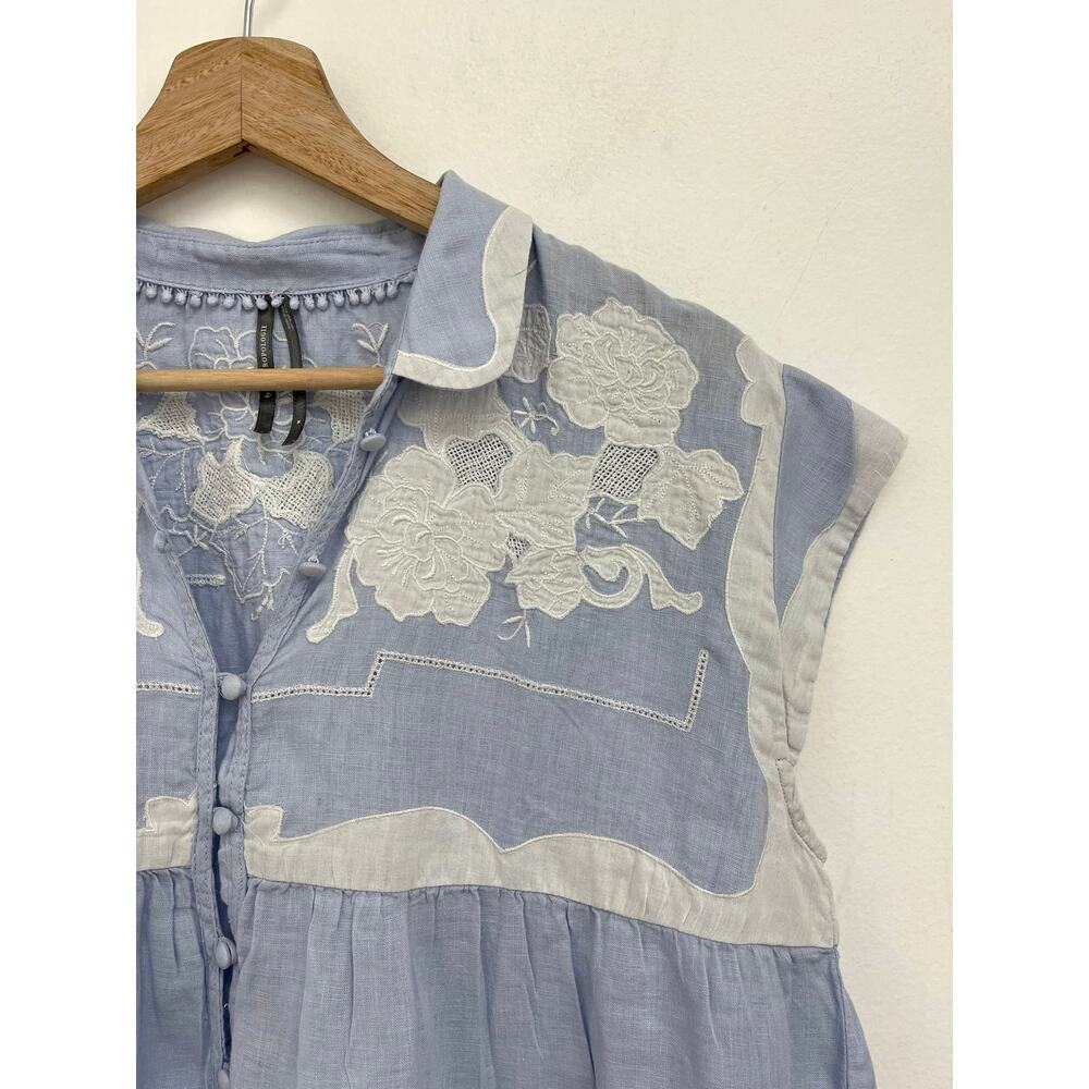 LIKE NEW Anthropologie Light Blue and Cream Short Sleeve Peplum Button Top - Picture 8 of 14